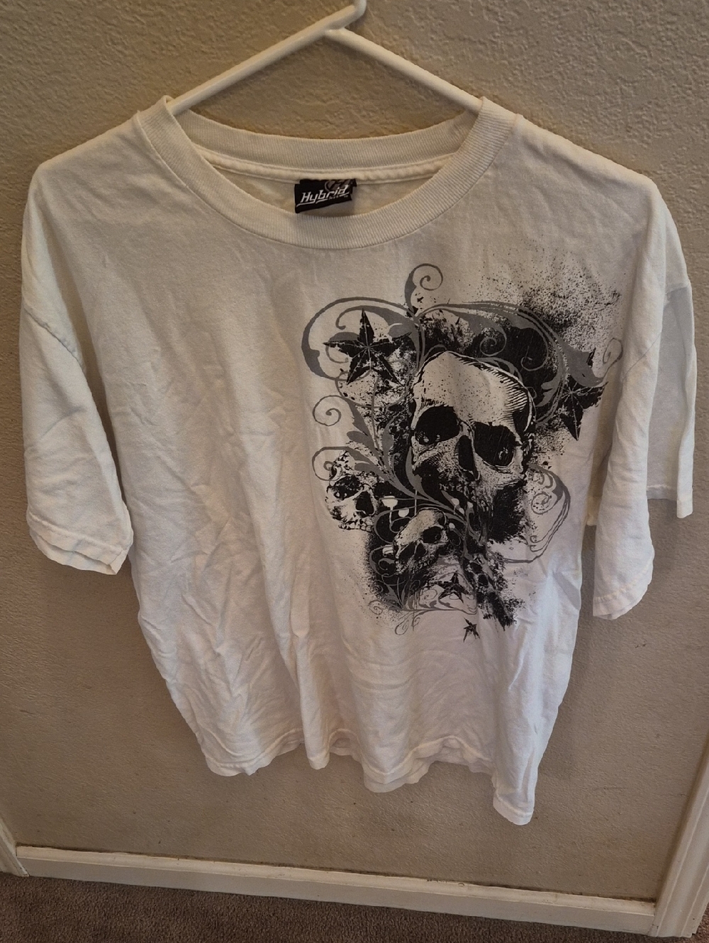 Hybrid Graphic Skull Tee in White with Black Print